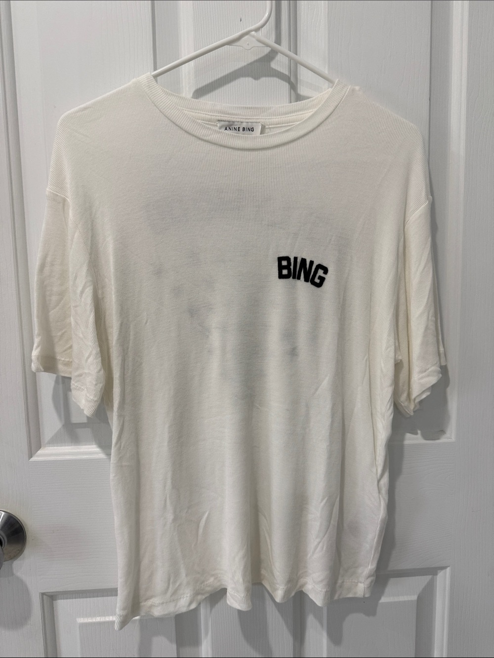 Anine Bing White Crewneck T-Shirt with Black BING Chest Logo